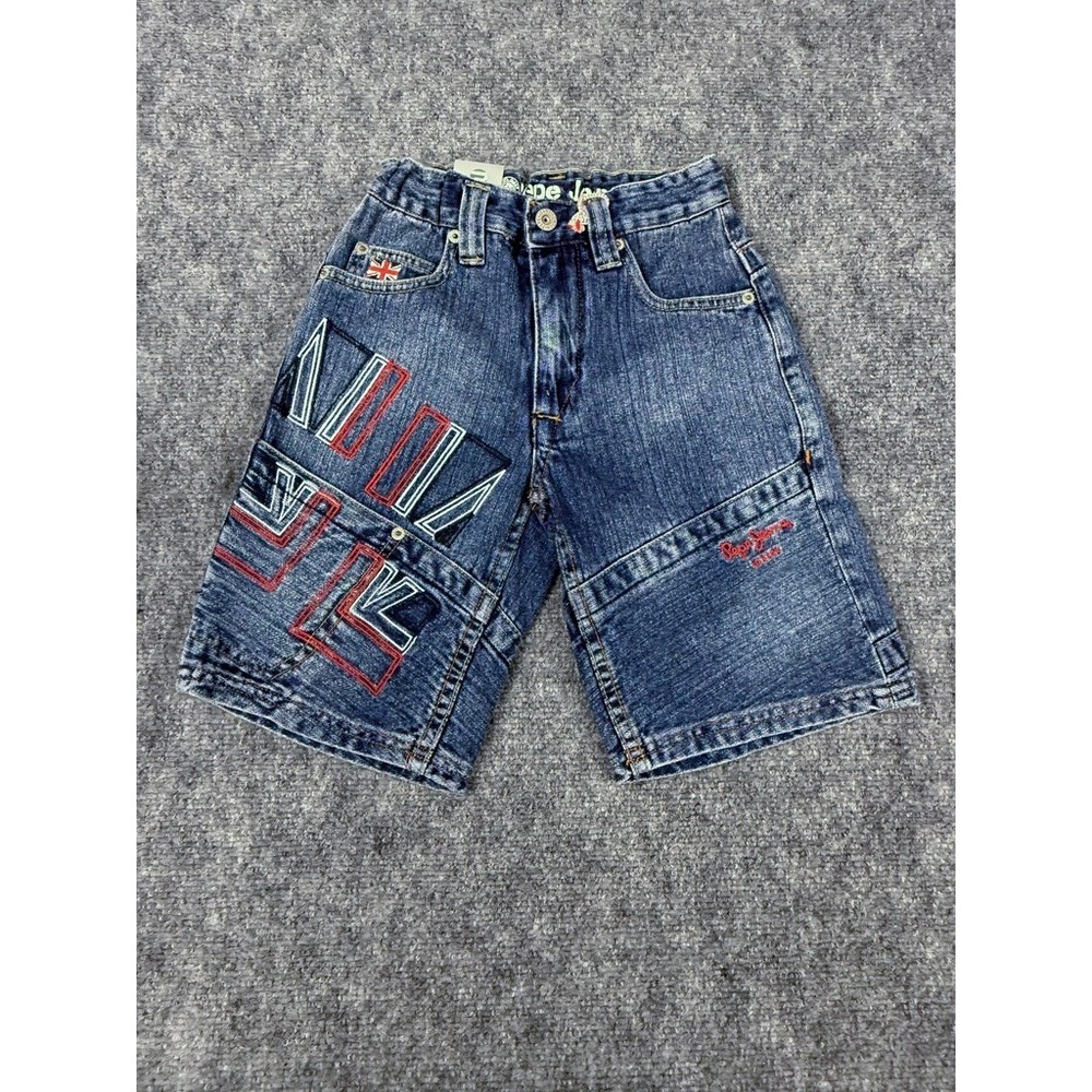 Pepe Jeans London Little Charles Denim Shorts Embroidered Blue Kids Size 7 NWT